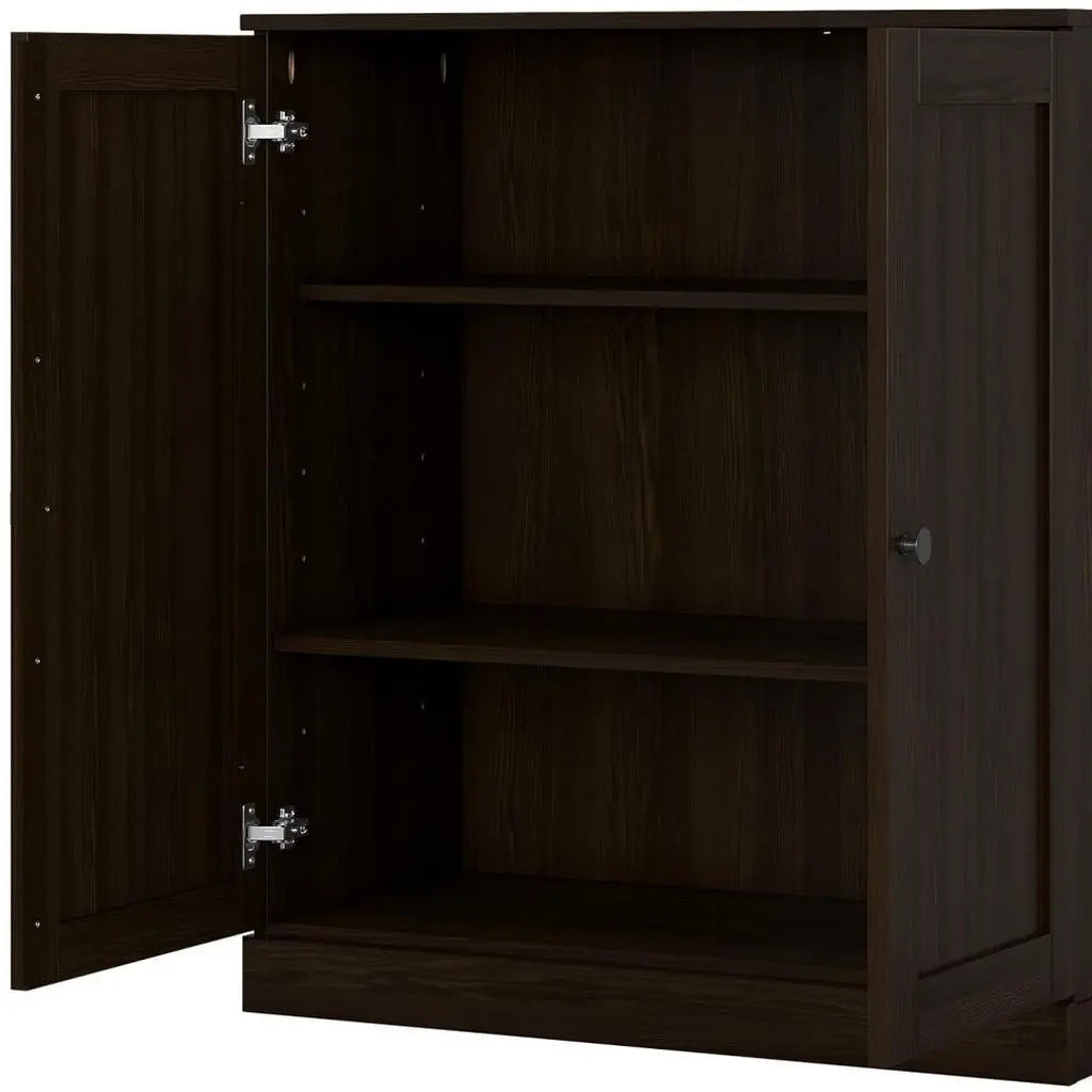 36" Espresso Solid Wood Adjustable Three Tier Library Bookcase with Two Doors Homeroots Office