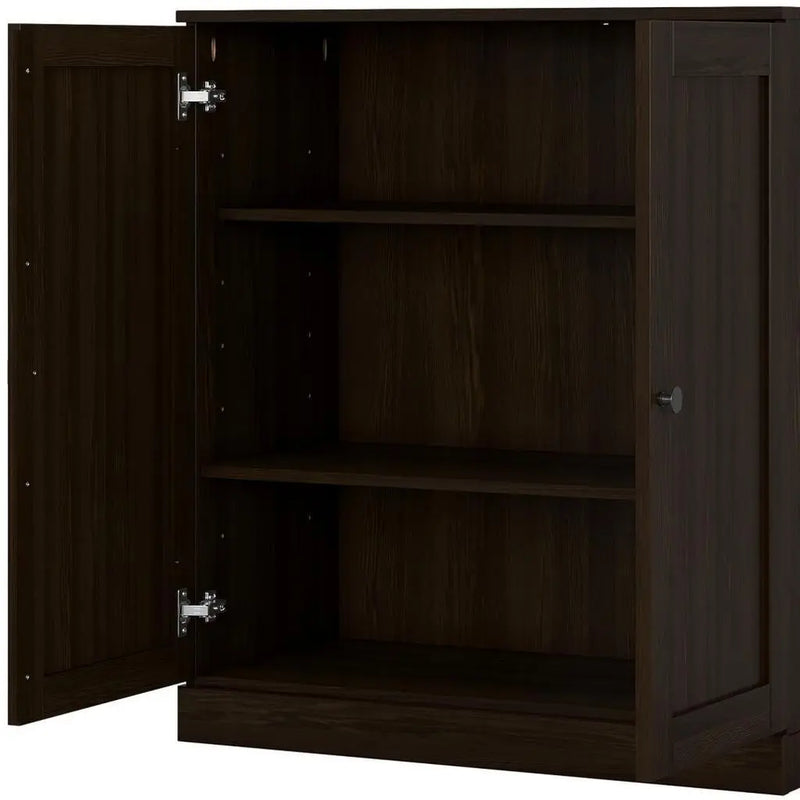 36" Espresso Solid Wood Adjustable Three Tier Library Bookcase with Two Doors Homeroots Office