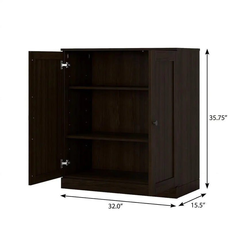 36" Espresso Solid Wood Adjustable Three Tier Library Bookcase with Two Doors Homeroots Office
