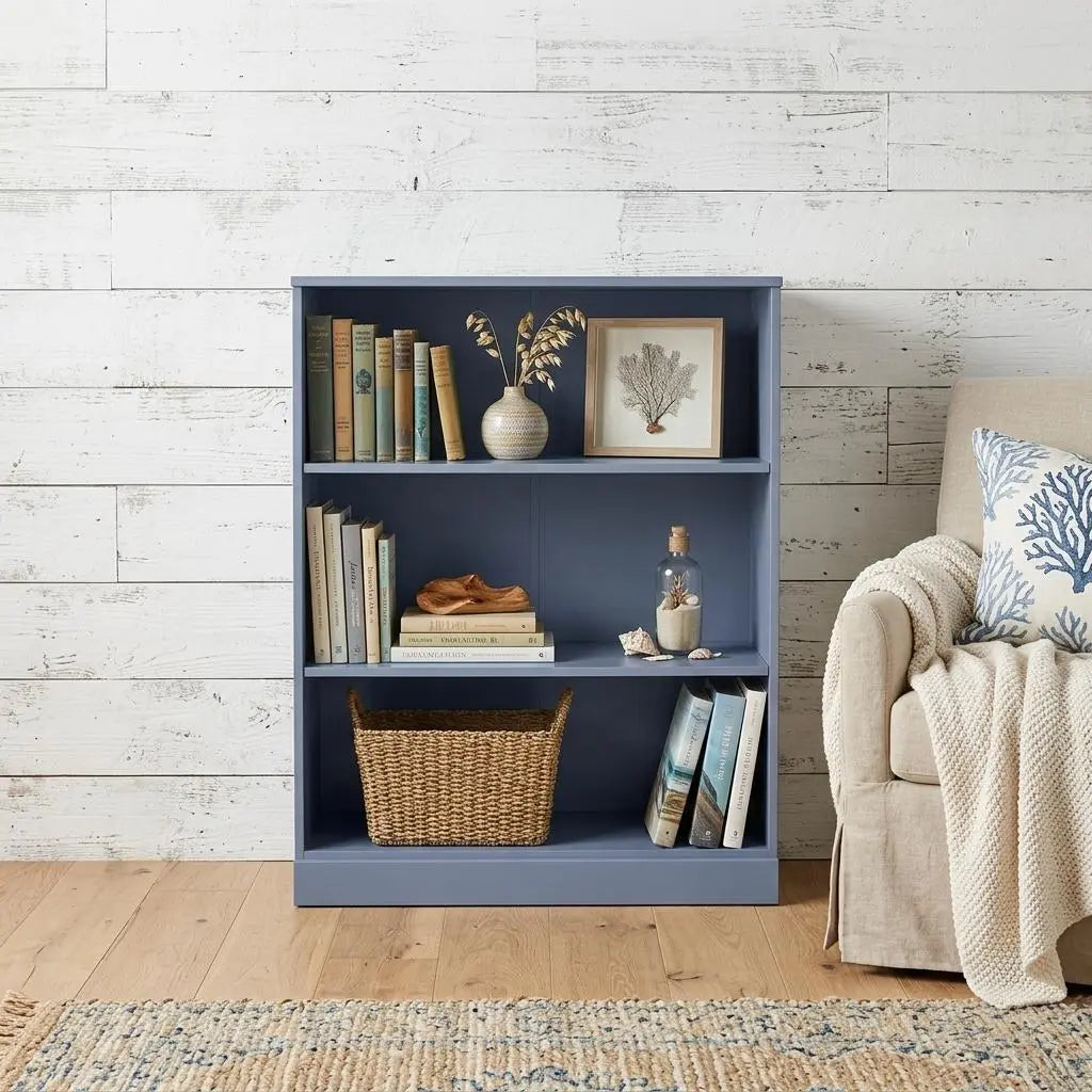 36" French Blue Solid Wood Adjustable Three Tier Library Bookcase Homeroots Office