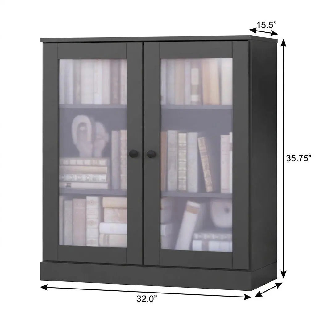 36" Gray Solid Wood Adjustable Three Tier Library Bookcase with Two Doors Homeroots Office