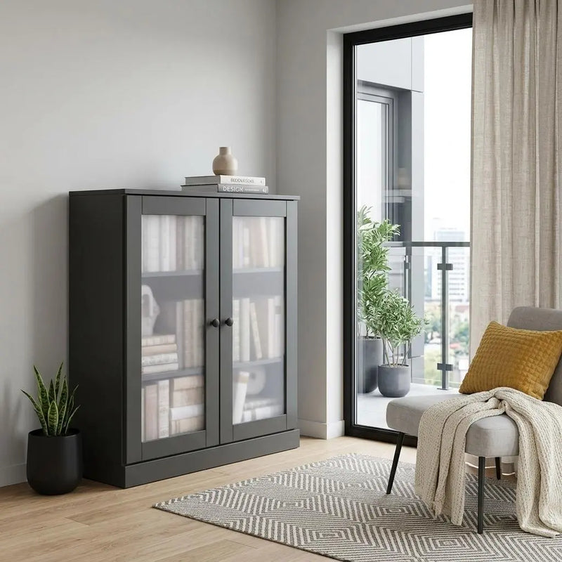 36" Gray Solid Wood Adjustable Three Tier Library Bookcase with Two Doors Homeroots Office