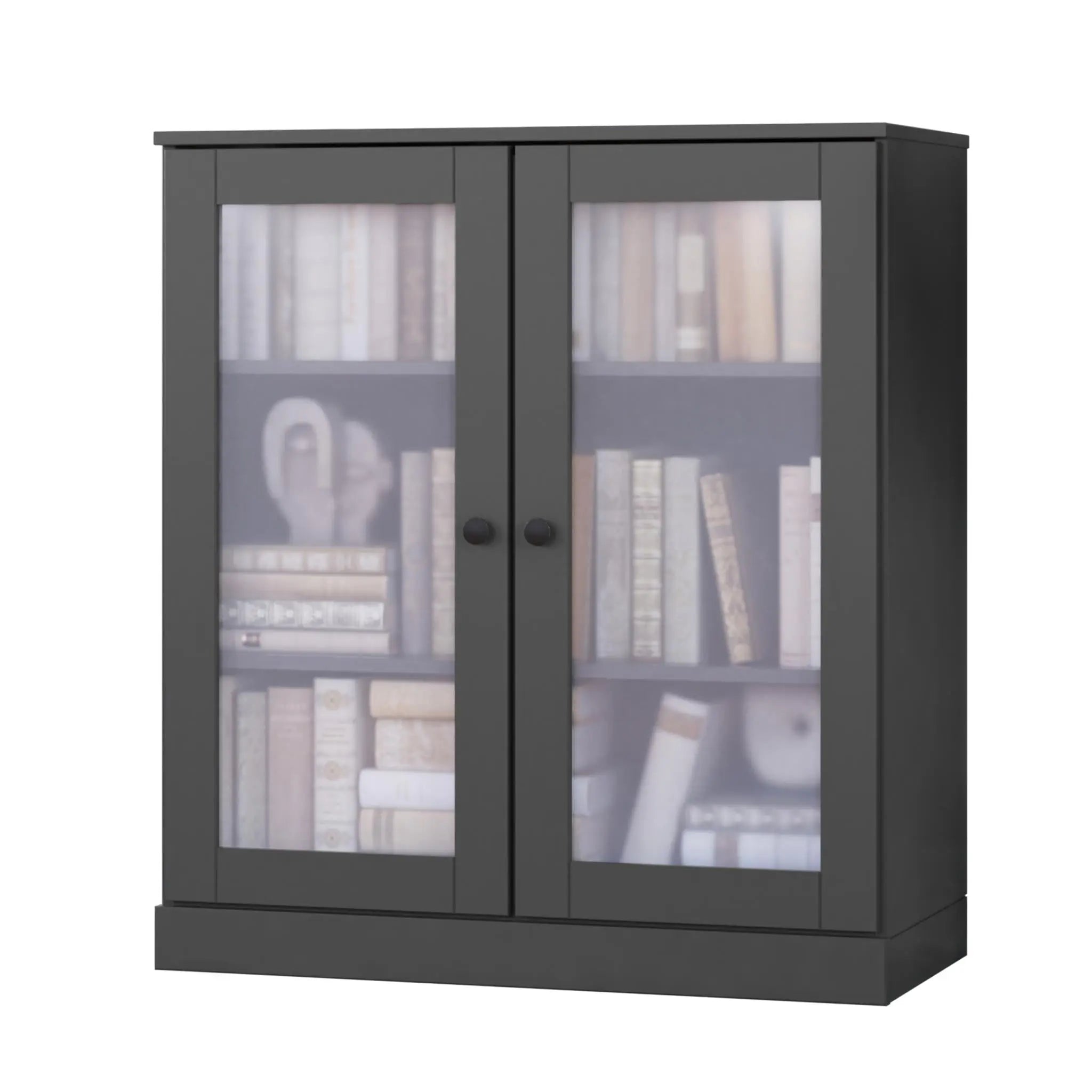 36" Gray Solid Wood Adjustable Three Tier Library Bookcase with Two Doors Homeroots Office