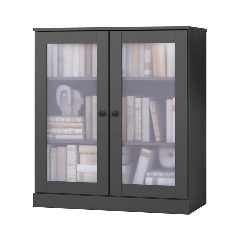 36" Gray Solid Wood Adjustable Three Tier Library Bookcase with Two Doors Homeroots Office