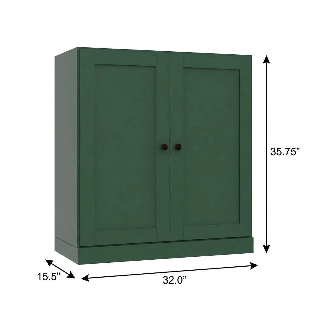 36" Green Solid Wood Adjustable Three Tier Library Bookcase with Two Doors Homeroots Office