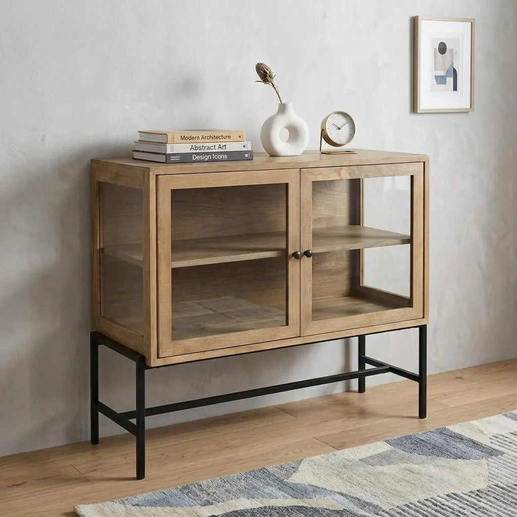 36" Natural Solid Wood Sideboard with Two Glass Doors Homeroots Kitchen & Dining