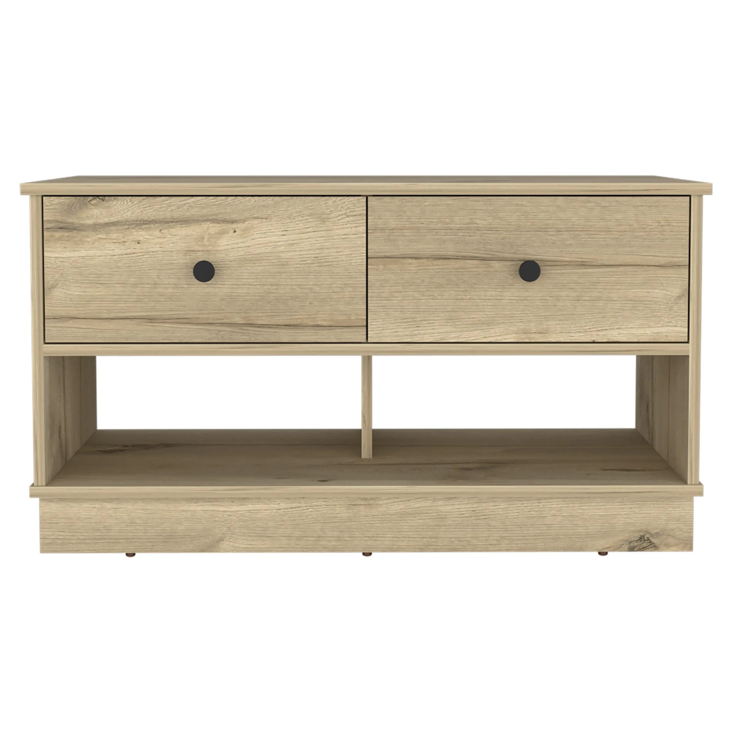 36" Natural and Oak Wood Storage Bench With Drawers Shoe Storage And Shelves Homeroots Living Room