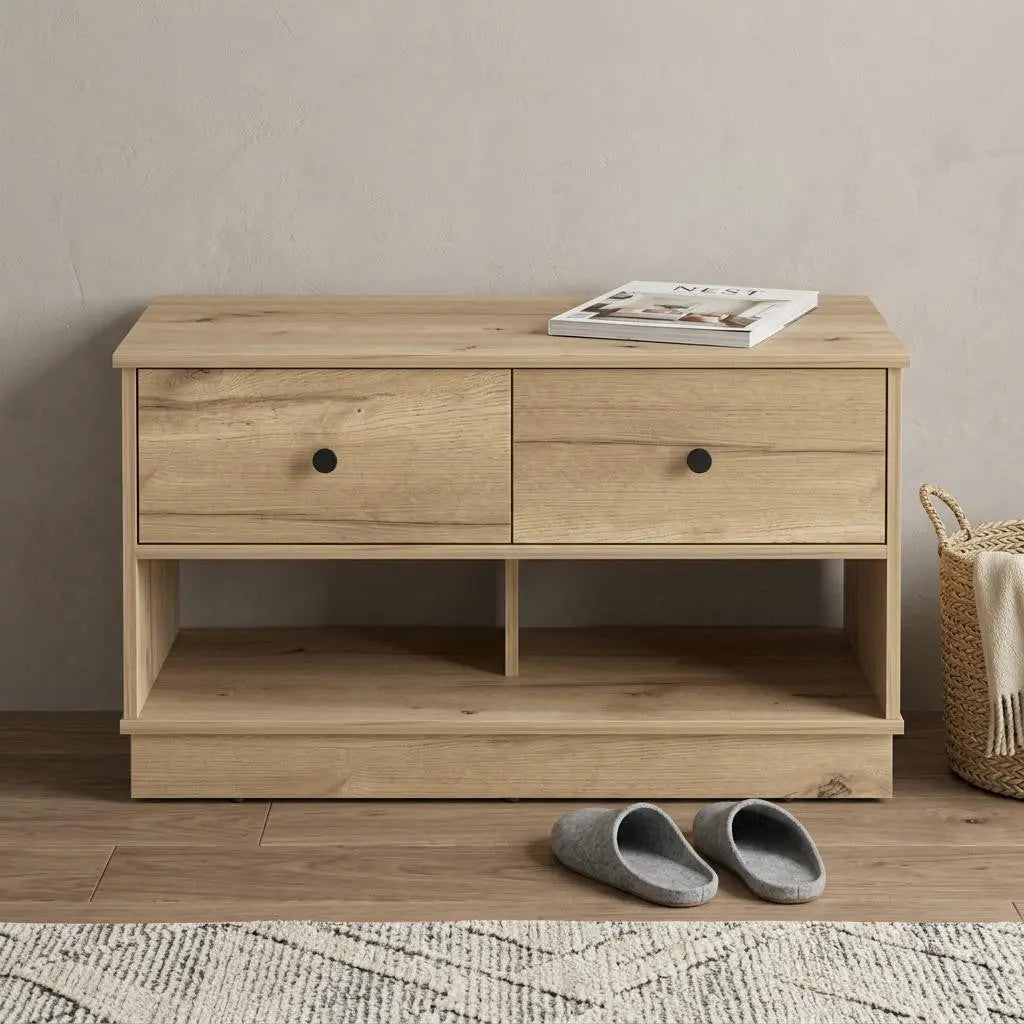 36" Natural and Oak Wood Storage Bench With Drawers Shoe Storage And Shelves Homeroots Living Room