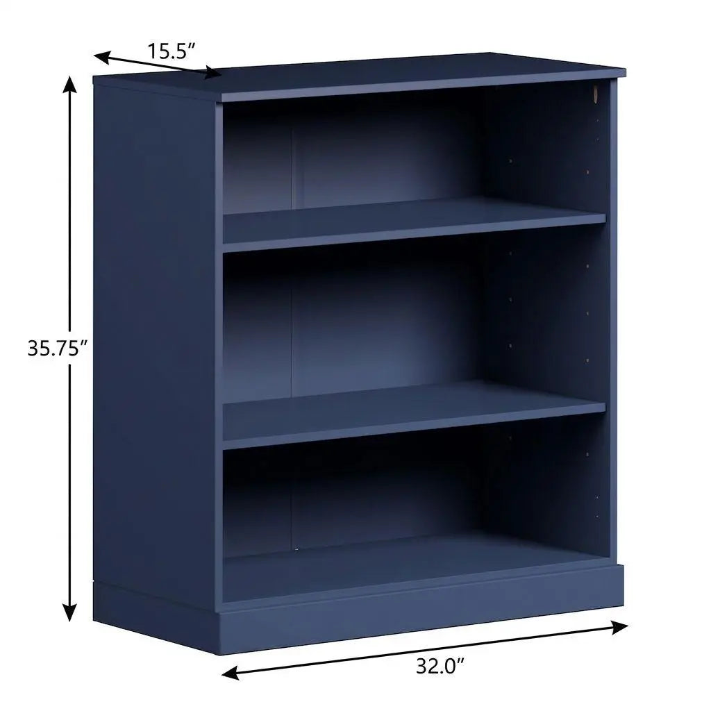 36" Navy Blue Solid Wood Adjustable Three Tier Library Bookcase Homeroots Office