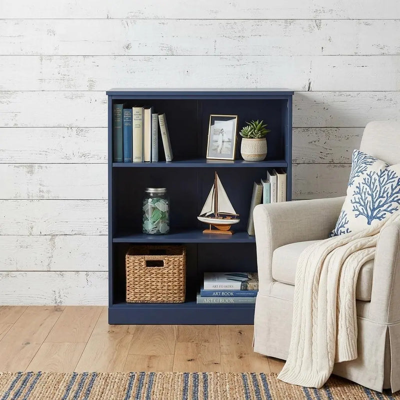 36" Navy Blue Solid Wood Adjustable Three Tier Library Bookcase Homeroots Office
