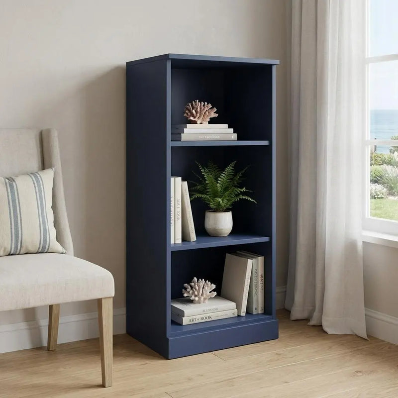 36" Navy Blue Solid Wood Adjustable Three Tier Library Bookcase Homeroots Office