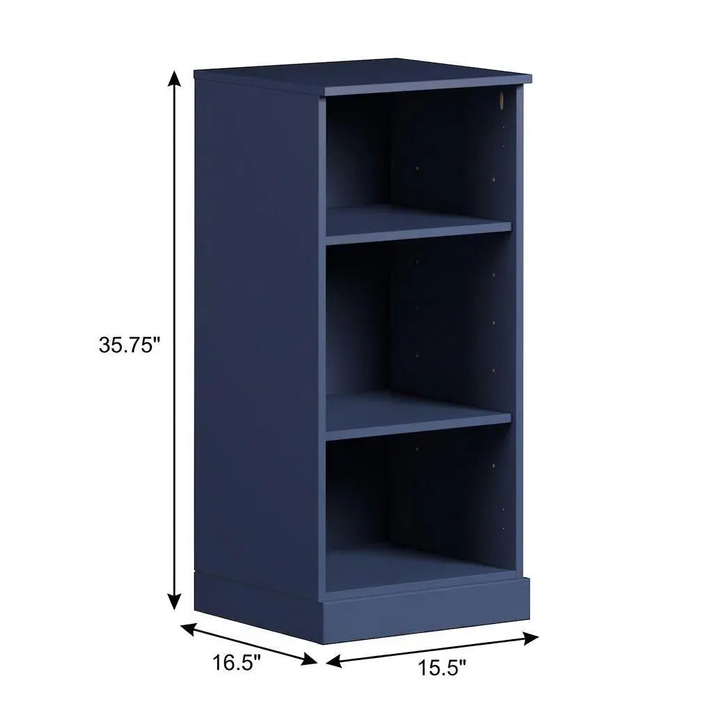 36" Navy Blue Solid Wood Adjustable Three Tier Library Bookcase Homeroots Office