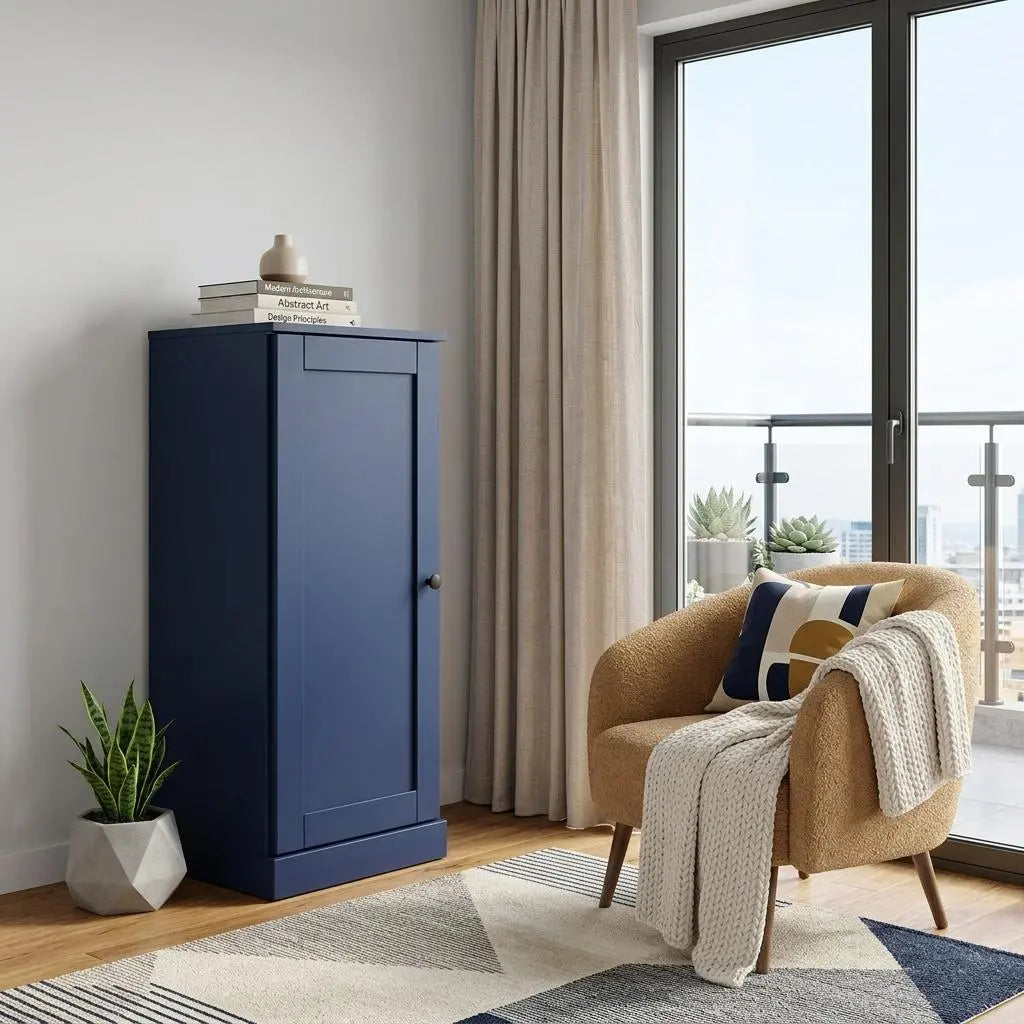 36" Navy Blue Solid Wood Adjustable Three Tier Library Bookcase with One Door Homeroots Office