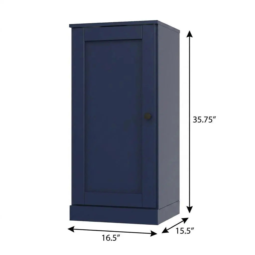 36" Navy Blue Solid Wood Adjustable Three Tier Library Bookcase with One Door Homeroots Office