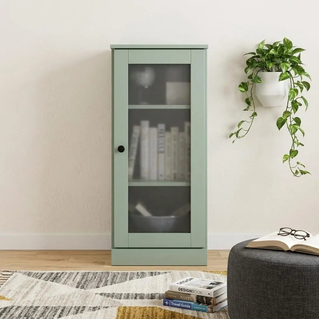 36" Sage Solid Wood Adjustable Three Tier Library Bookcase with One Door Homeroots Office