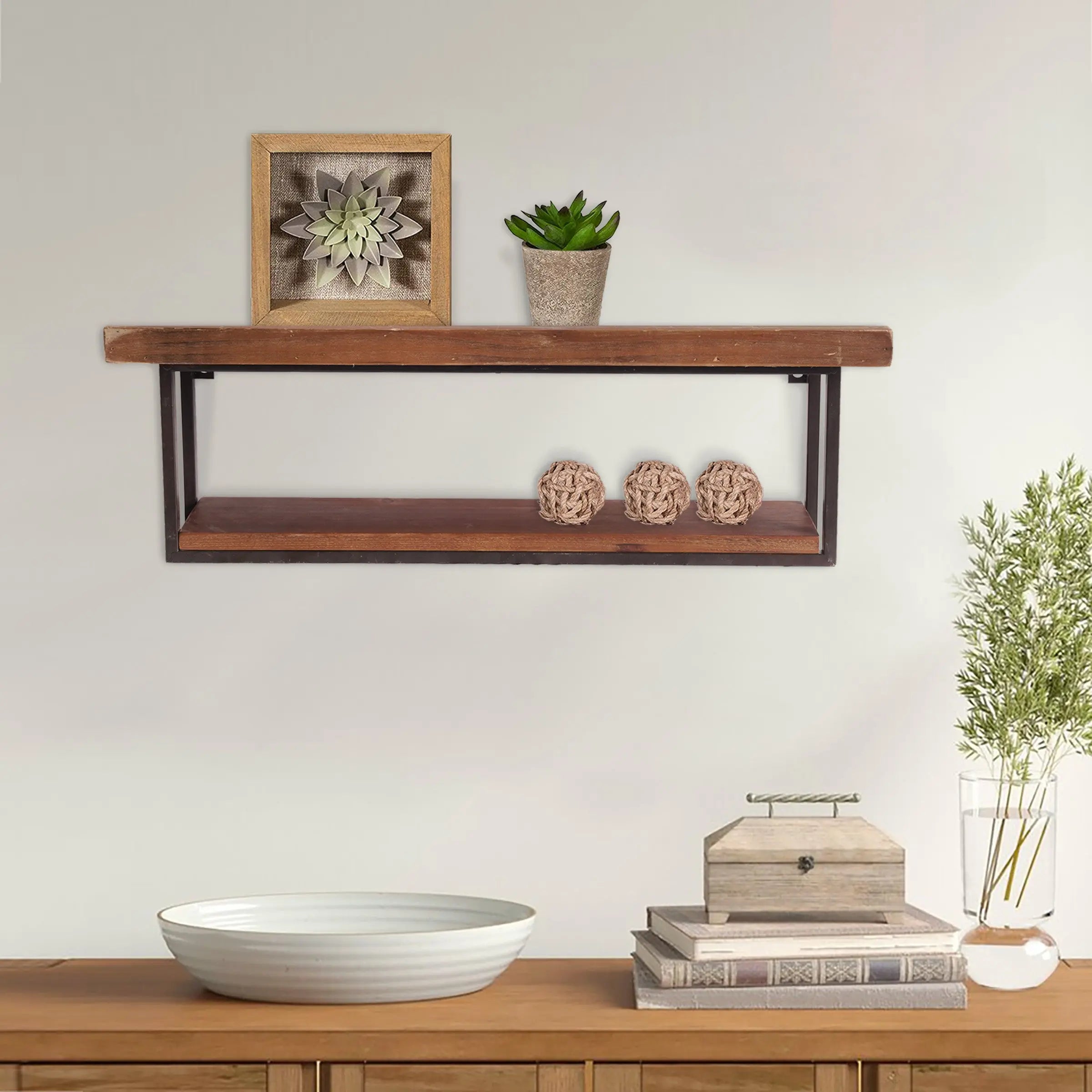 36" Set Of Two Black And Brown Wood And Metal Two Level Accent Shelf Homeroots Organization