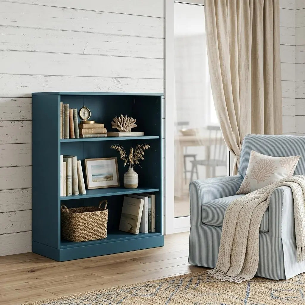 36" Teal Blue Solid Wood Adjustable Three Tier Library Bookcase Homeroots Office