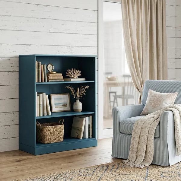 36" Teal Blue Solid Wood Adjustable Three Tier Library Bookcase Homeroots Office