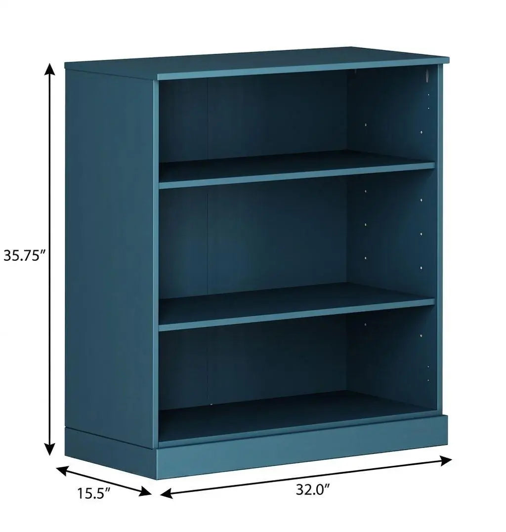 36" Teal Blue Solid Wood Adjustable Three Tier Library Bookcase Homeroots Office