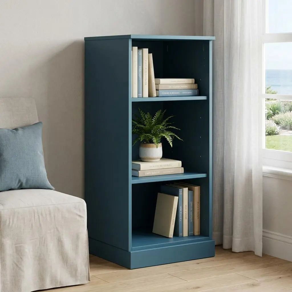 36" Teal Blue Solid Wood Adjustable Three Tier Library Bookcase Homeroots Office