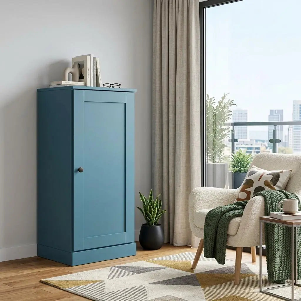 36" Teal Blue Solid Wood Adjustable Three Tier Library Bookcase with One Door Homeroots Office
