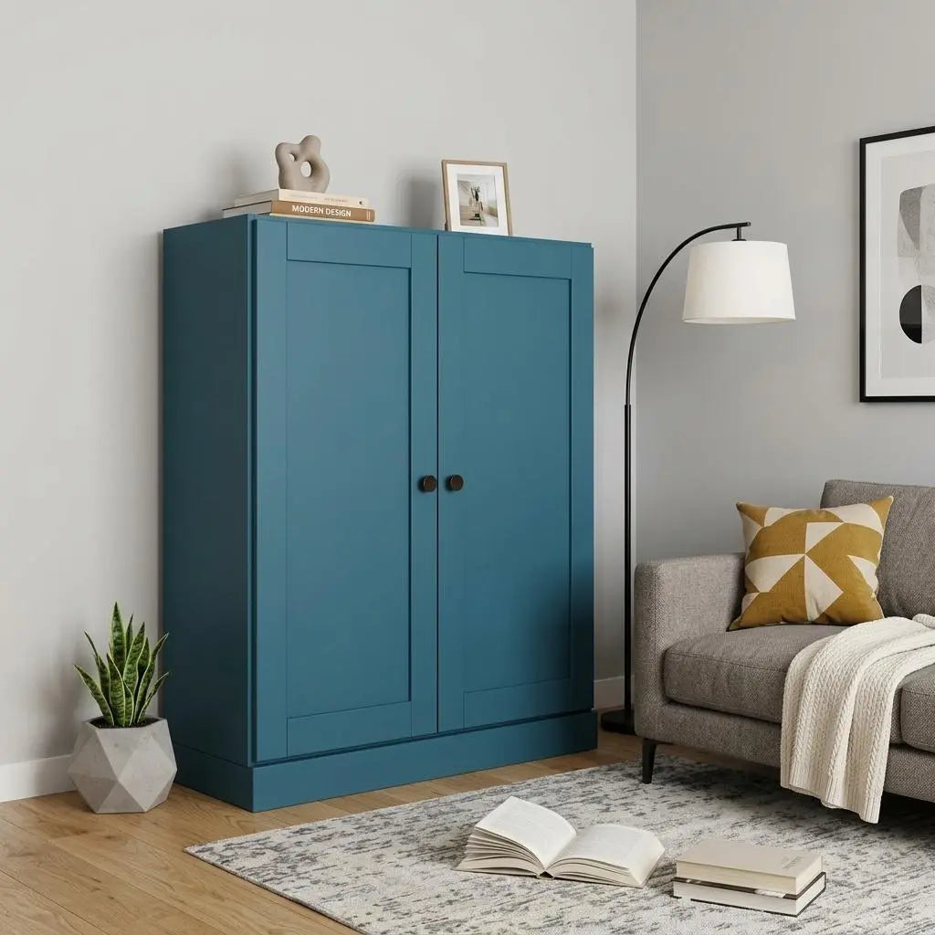 36" Teal Blue Solid Wood Adjustable Three Tier Library Bookcase with Two Doors Homeroots Office