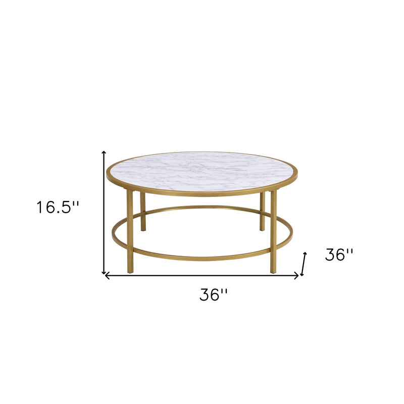 36" White And Gold Faux Marble And Metal Round Coffee Table Homeroots Living Room
