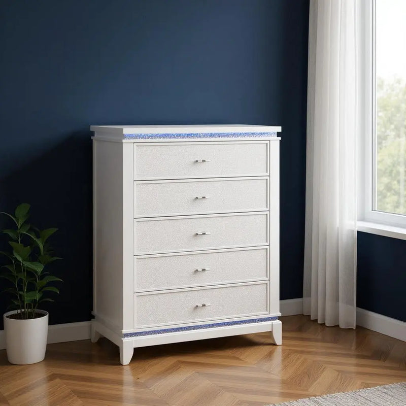 36" White Faux Crystal Glitter Wood Lighted Five Drawer Dresser Homeroots Bed & Bath