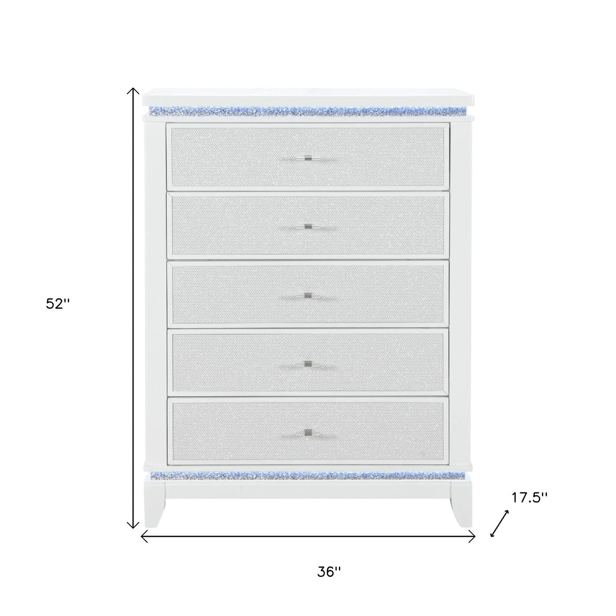 36" White Faux Crystal Glitter Wood Lighted Five Drawer Dresser Homeroots Bed & Bath