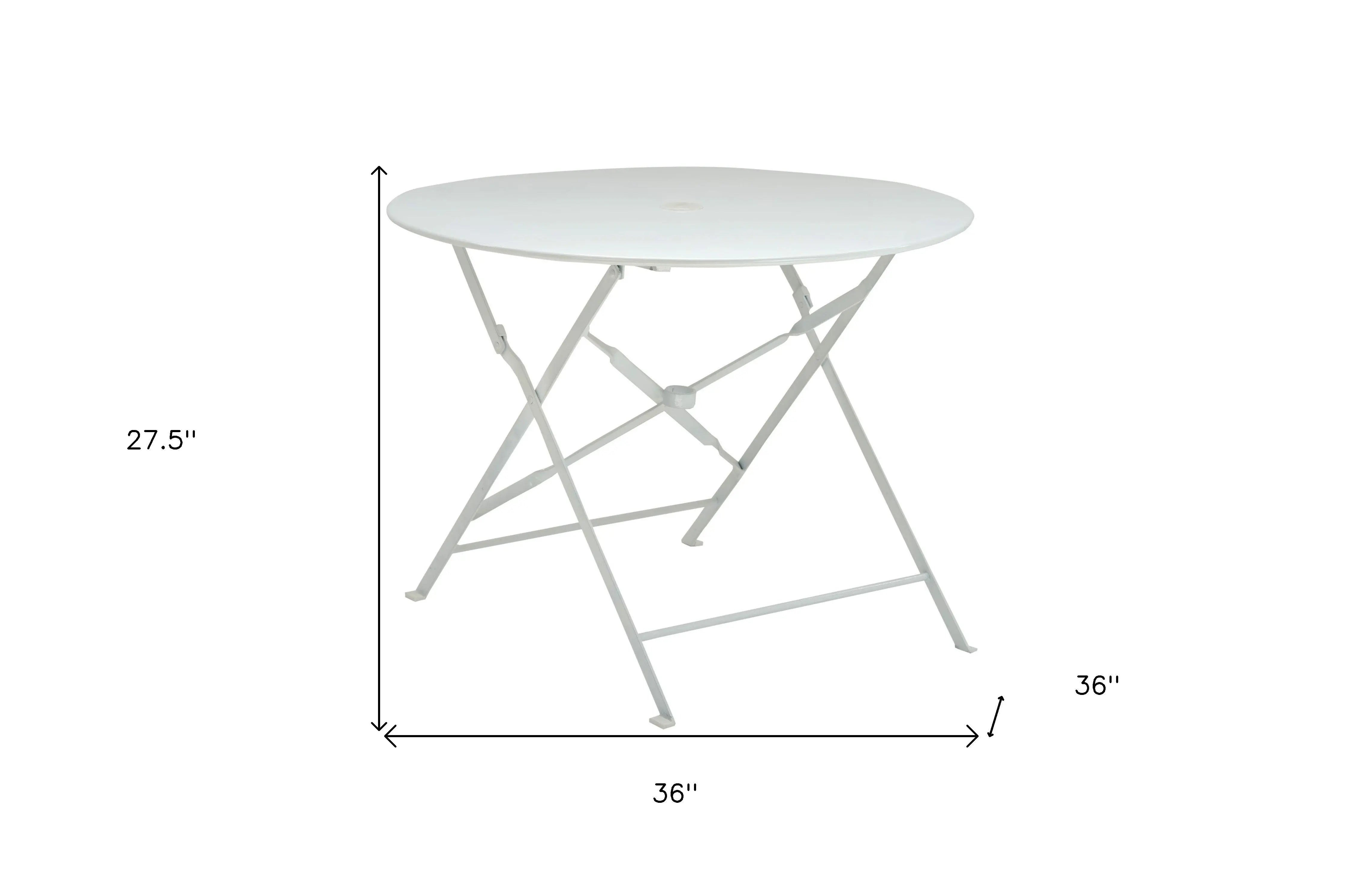 36" White Rounded Aluminum Folding Outdoor Dining Table with Umbrella Hole Homeroots Outdoor