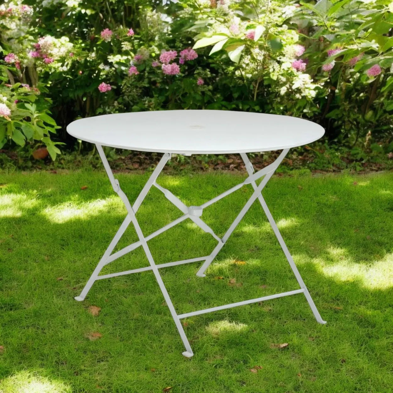 36" White Rounded Aluminum Folding Outdoor Dining Table with Umbrella Hole Homeroots Outdoor