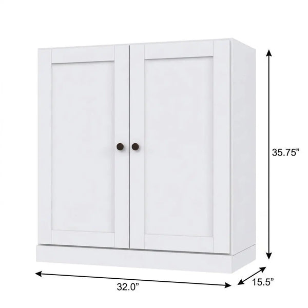 36" White Solid Wood Adjustable Three Tier Library Bookcase with Two Doors Homeroots Office