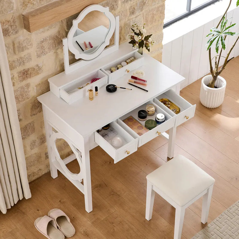 36" White Wood Mirrored Five Drawer Vanity Table Homeroots Living Room