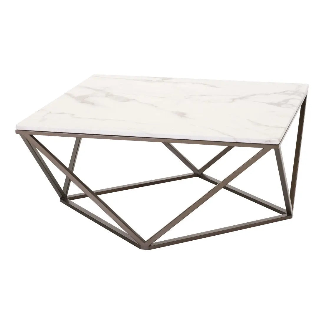 36" White and Antiqued Brass Faux Marble And Steel Square Abstract Coffee Table Homeroots Living Room