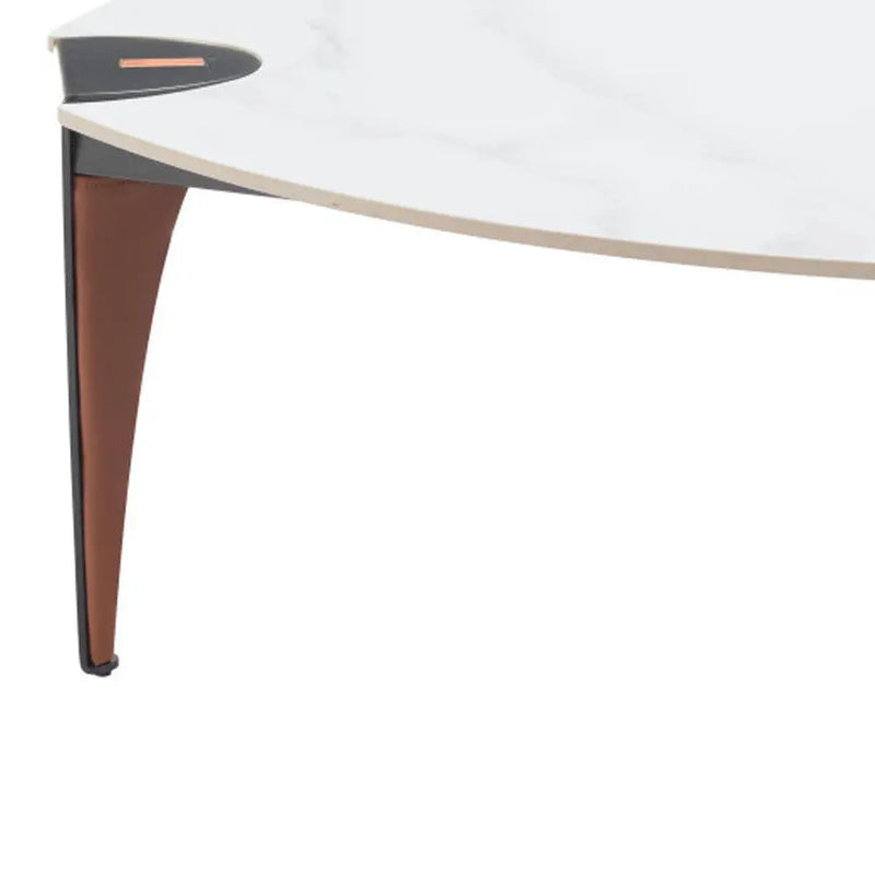36" White and Black Sintered Stone Faux Leather And Steel Triangle Coffee Table Homeroots Living Room