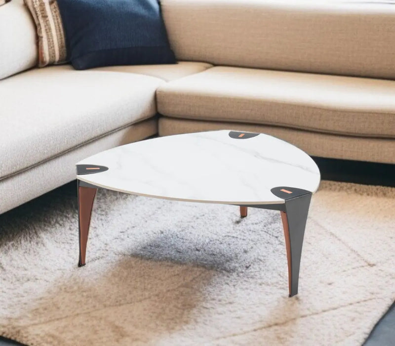 36" White and Black Sintered Stone Faux Leather And Steel Triangle Coffee Table Homeroots Living Room