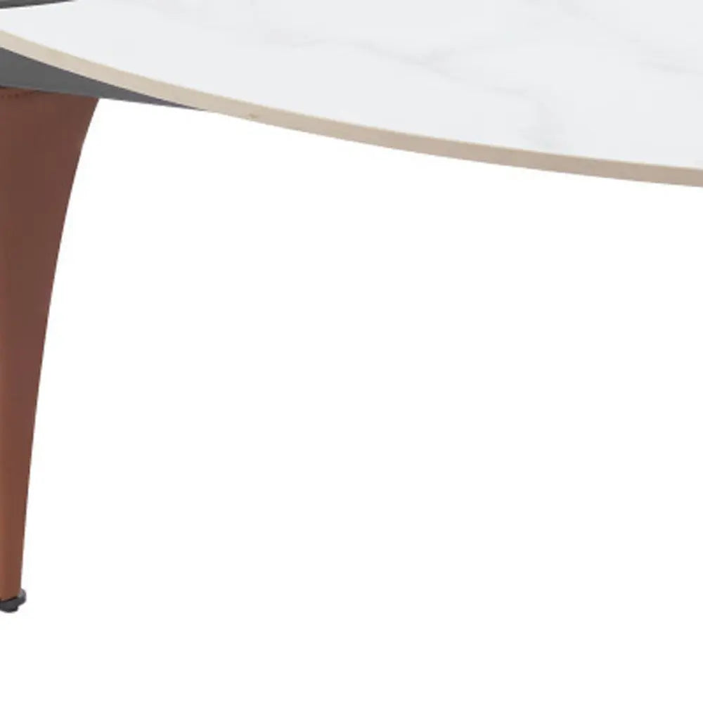 36" White and Black Sintered Stone Faux Leather And Steel Triangle Coffee Table Homeroots Living Room