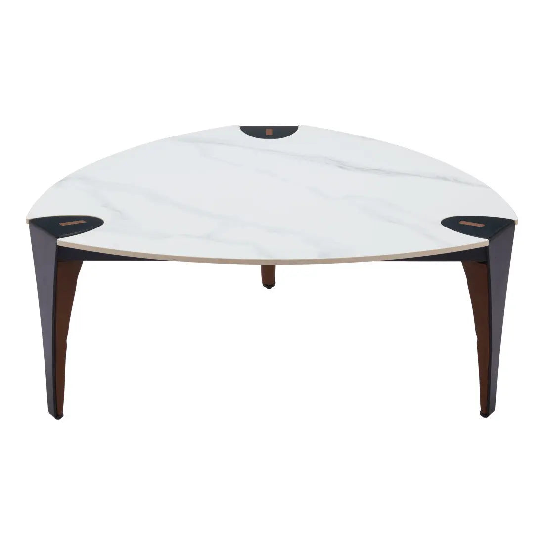36" White and Black Sintered Stone Faux Leather And Steel Triangle Coffee Table Homeroots Living Room