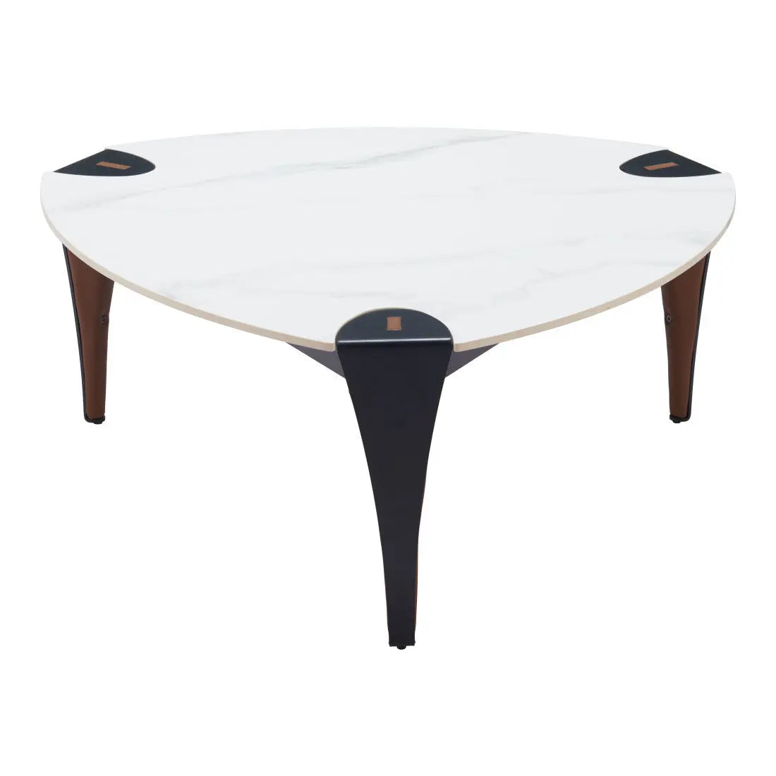 36" White and Black Sintered Stone Faux Leather And Steel Triangle Coffee Table Homeroots Living Room
