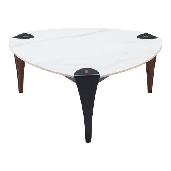 36" White and Black Sintered Stone Faux Leather And Steel Triangle Coffee Table Homeroots Living Room
