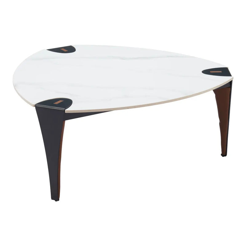 36" White and Black Sintered Stone Faux Leather And Steel Triangle Coffee Table Homeroots Living Room