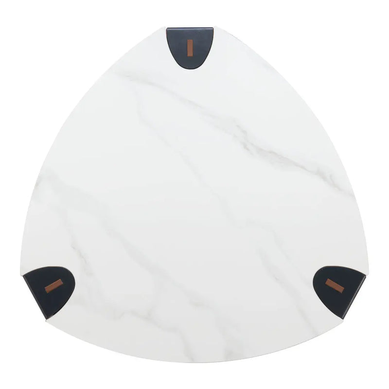 36" White and Black Sintered Stone Faux Leather And Steel Triangle Coffee Table Homeroots Living Room