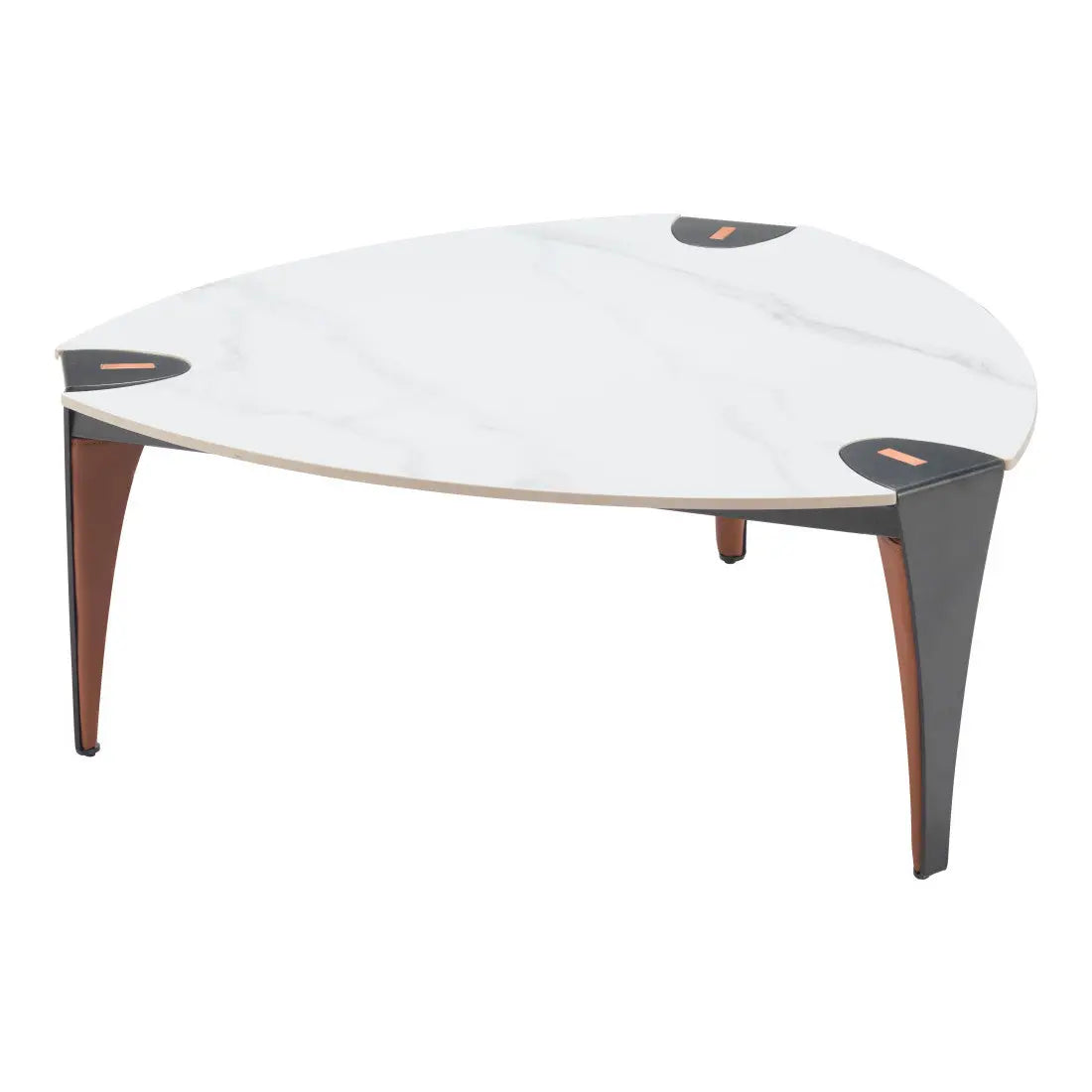 36" White and Black Sintered Stone Faux Leather And Steel Triangle Coffee Table Homeroots Living Room
