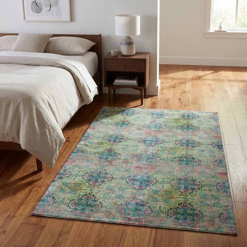 3' X 5' Green And Teal Medallion Shag Washable Area Rug With UV Protection - Home & Garden