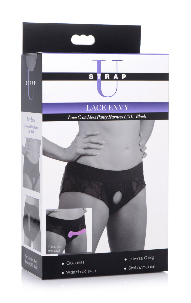 Lace Envy Black Crotchless Panty Harness XR Brands Strap U