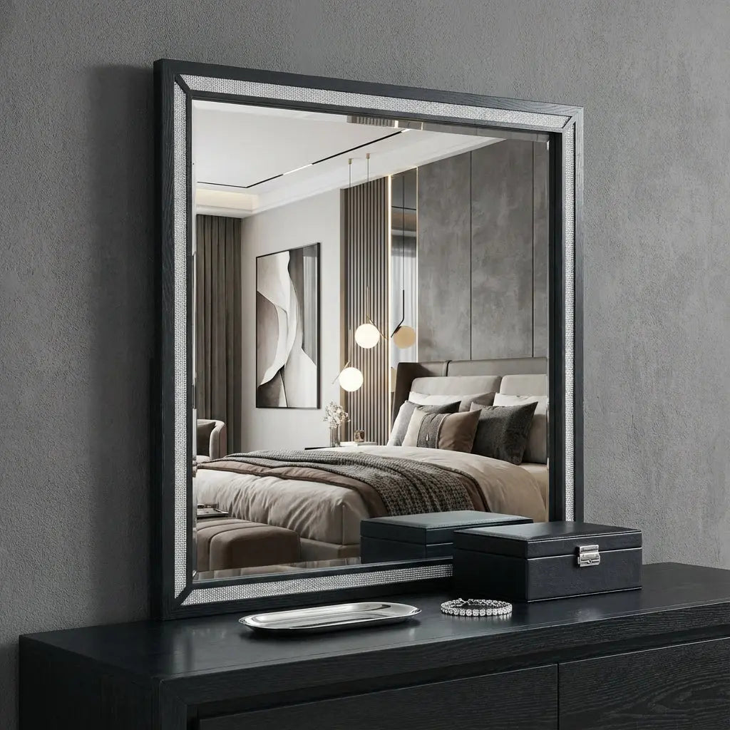 37" Black Faux Crystal And Wood Dresser Mount Framed Mirror Homeroots Bed & Bath