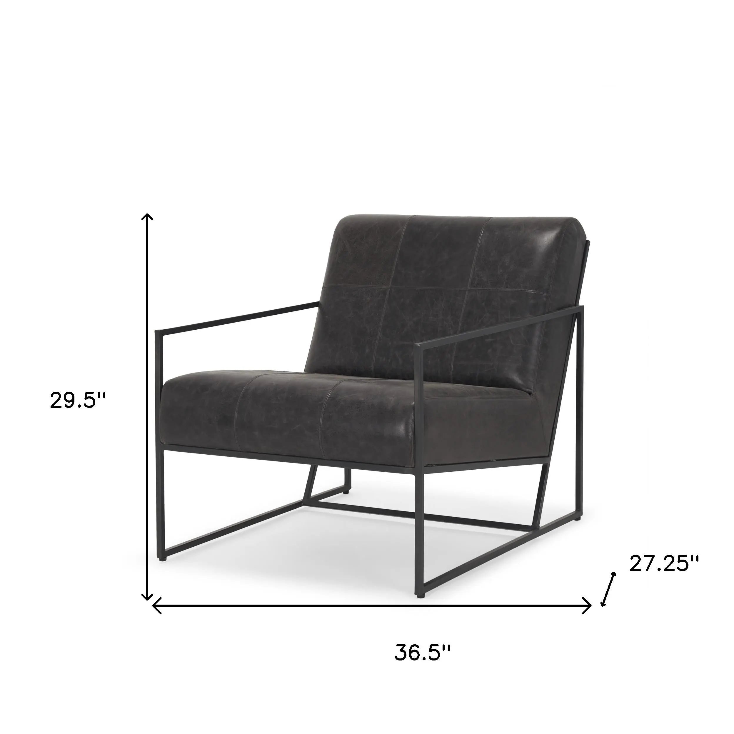 37" Black Genuine Leather and Metal Lounge Chair Homeroots Living Room