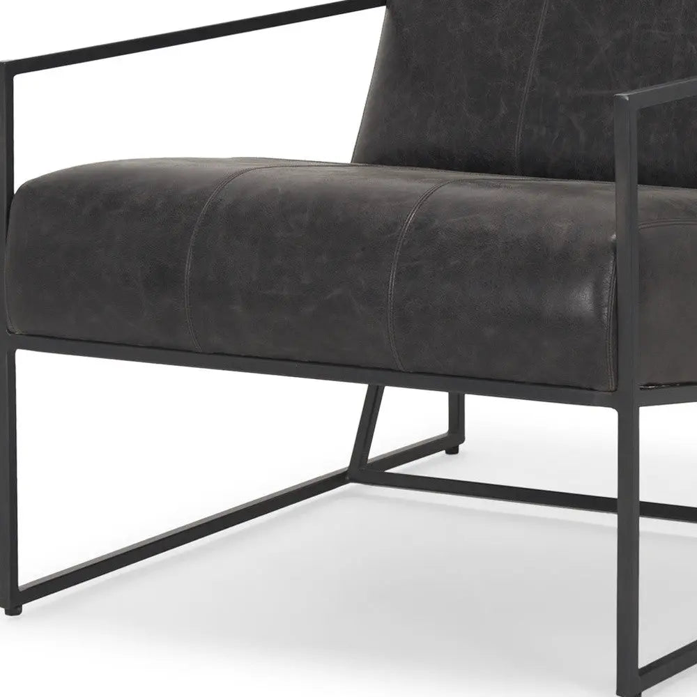 37" Black Genuine Leather and Metal Lounge Chair Homeroots Living Room