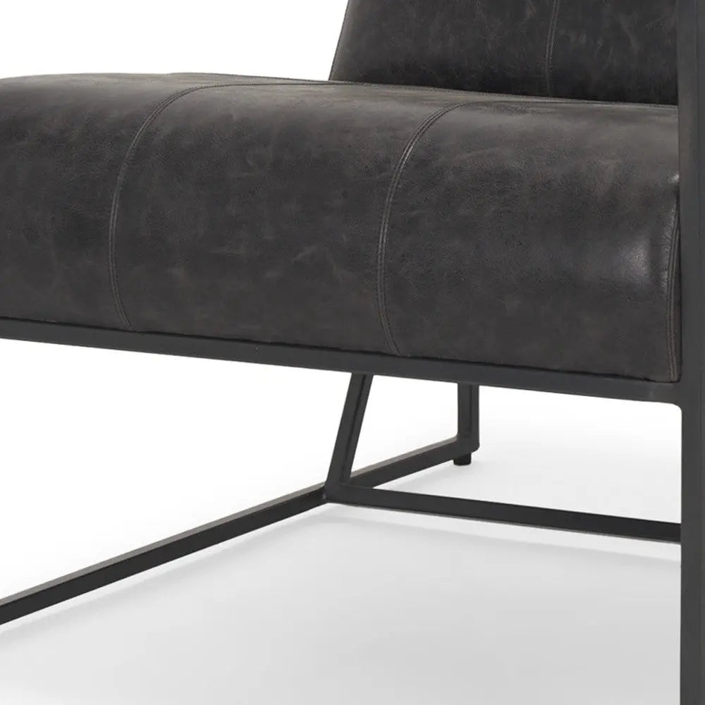 37" Black Genuine Leather and Metal Lounge Chair Homeroots Living Room
