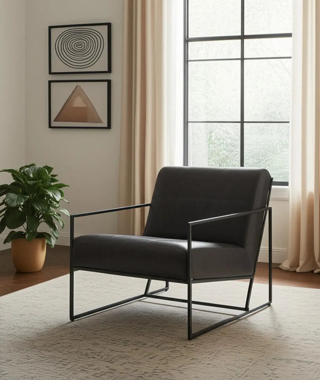 37" Black Genuine Leather and Metal Lounge Chair Homeroots Living Room